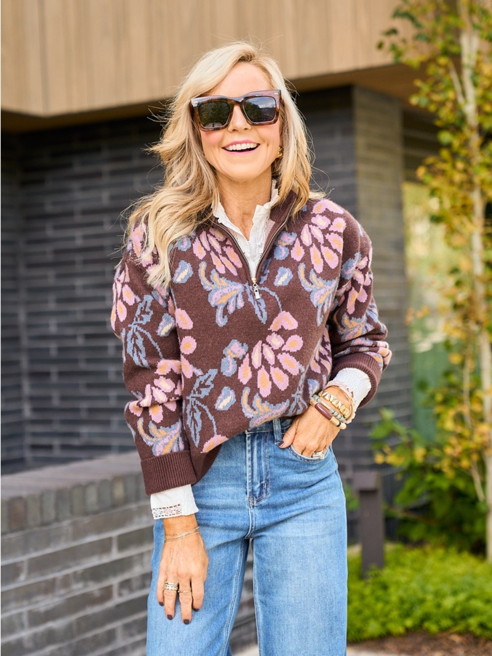Floral Half-Zip Women's Sweater in Brown and Pink